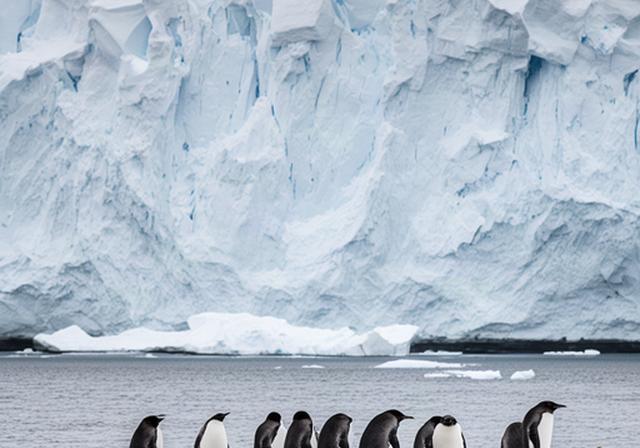 Pinguine stehen am Ufer der Antarktis vor einer schroffen Eiswand