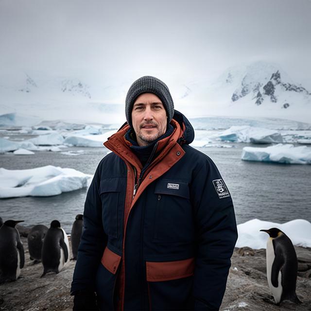 Reisender steht in warmer Expeditionskleidung an der antarktischen Küste mit Pinguinen im Hintergrund