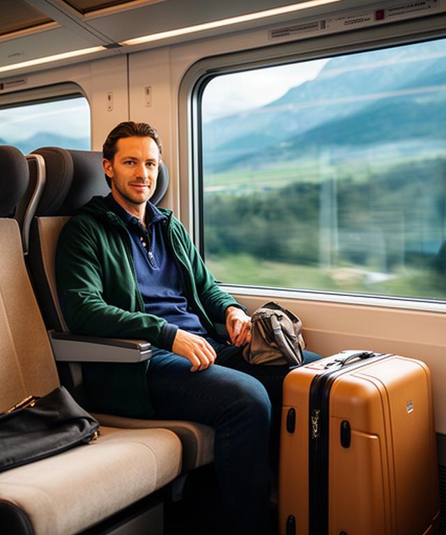 Reisende mit Koffer im Zugabteil auf der Fahrt von Basel Richtung Genua