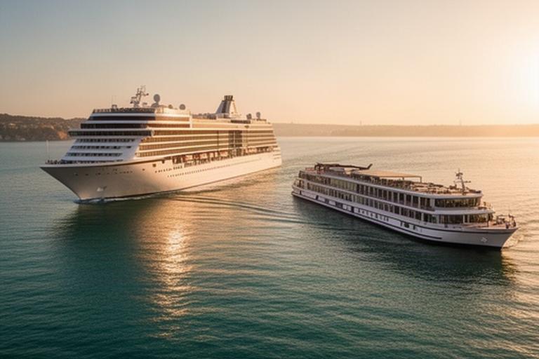 Modernes Kreuzfahrtschiff und kleiner Flusskreuzer bei goldenem Licht auf dem Wasser