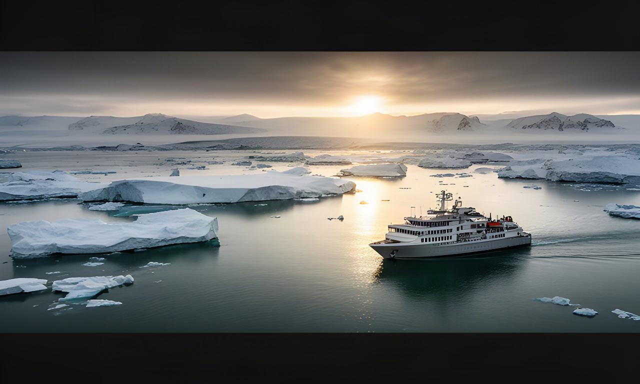 Eislandschaft mit Expeditionsschiff im arktischen Meer bei tief stehender Sonne