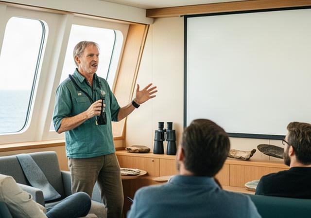 Experte hält einen Naturvortrag in einem hellen Raum an Bord eines Expeditionsschiffs