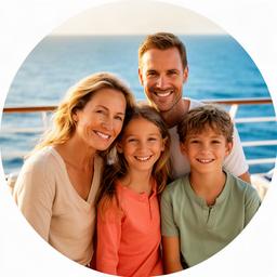 Familie Meier aus Basel lächelt gemeinsam an Deck eines Kreuzfahrtschiffs im Mittelmeer