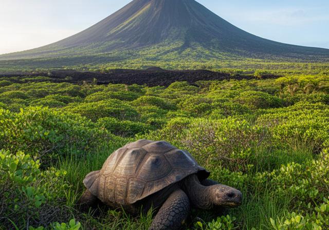 Riesenschildkröte auf einer grünen Galapagos-Insel mit Vulkankegel im Hintergrund