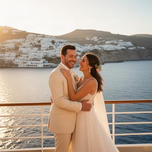 Glückliches Hochzeitspaar an Deck vor der griechischen Küste mit warmem Abendlicht