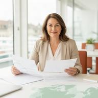 Kreuzfahrtberaterin im hellen Büro in Basel mit Unterlagen zur Reiseplanung