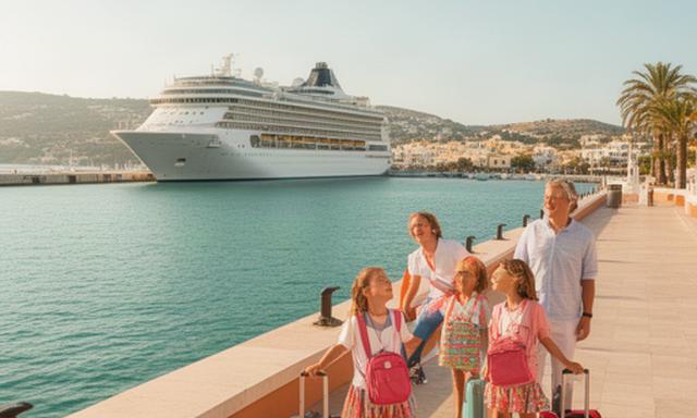 Familie mit zwei Kindern an einem Kreuzfahrthafen am Mittelmeer