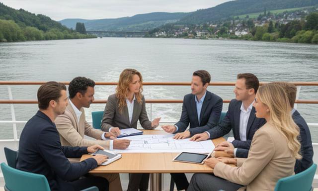 Firmengruppe bei einer Besprechung auf einem Flusskreuzfahrtschiff auf dem Rhein