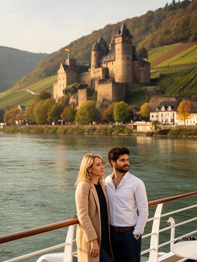 Paar an Deck eines Flussschiffs auf dem Rhein mit Burgen und Weinbergen