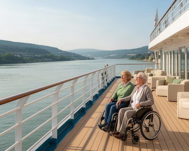 Seniorenpaar auf dem Sonnendeck eines Flussschiffes mit breitem Zugang und Blick auf den Rhein