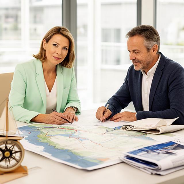 Zwei Kreuzfahrtberater bei einer Routenbesprechung mit Rheinkarte und nautischen Unterlagen in einem hellen Basler Büro
