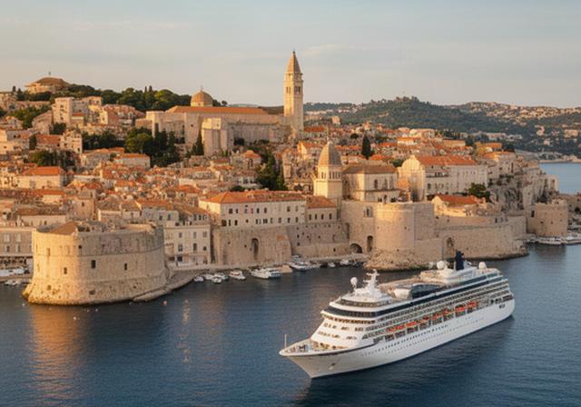 Historische Altstadt an einer europäischen Küste mit Kreuzfahrtschiff im Hafen