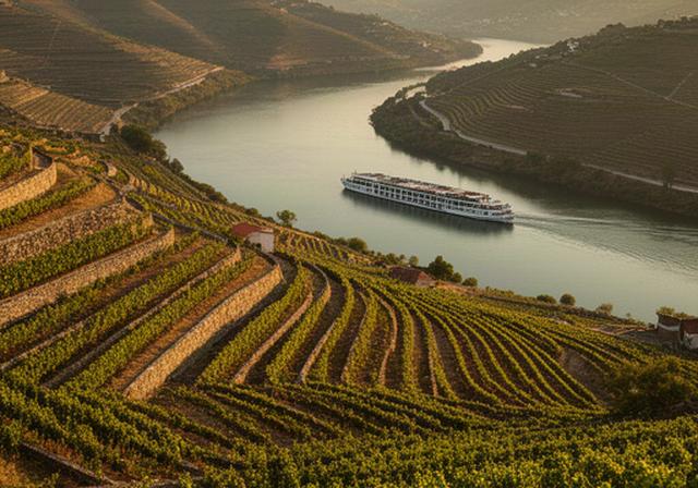 Terrassierte Weinberge am Douro mit Flussschiff und goldenem Abendlicht